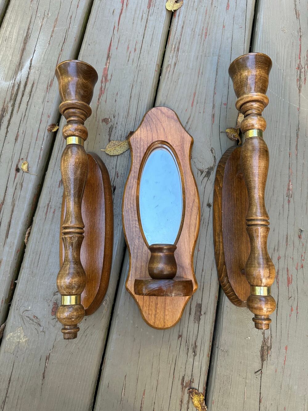 Vintage Mirrored Candle Sconces candleholders set of three wood wooden retro